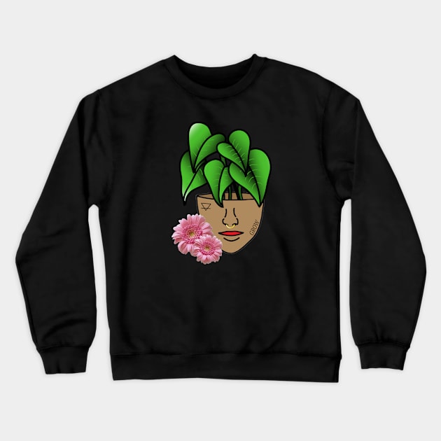 Surreal Tropical House Plant, Pot Head, with Pink Gerber Daisy Crewneck Sweatshirt by Tenpmcreations